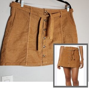 American Eagle Mustard Brown Tan Corduroy Mini Skirt Belted Button Front Sz 16